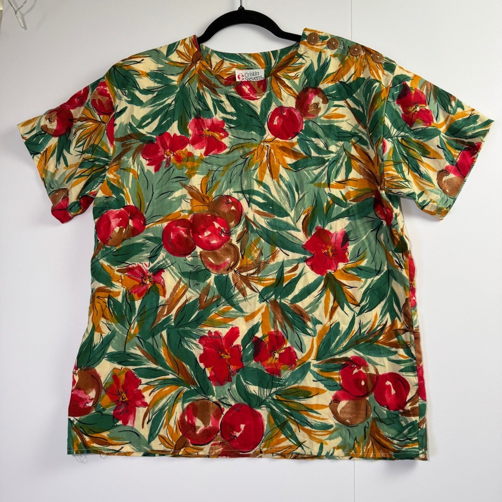 Cristin Stevens Vintage Tropical Floral Fruit Print Button Shoulder Blouse Top